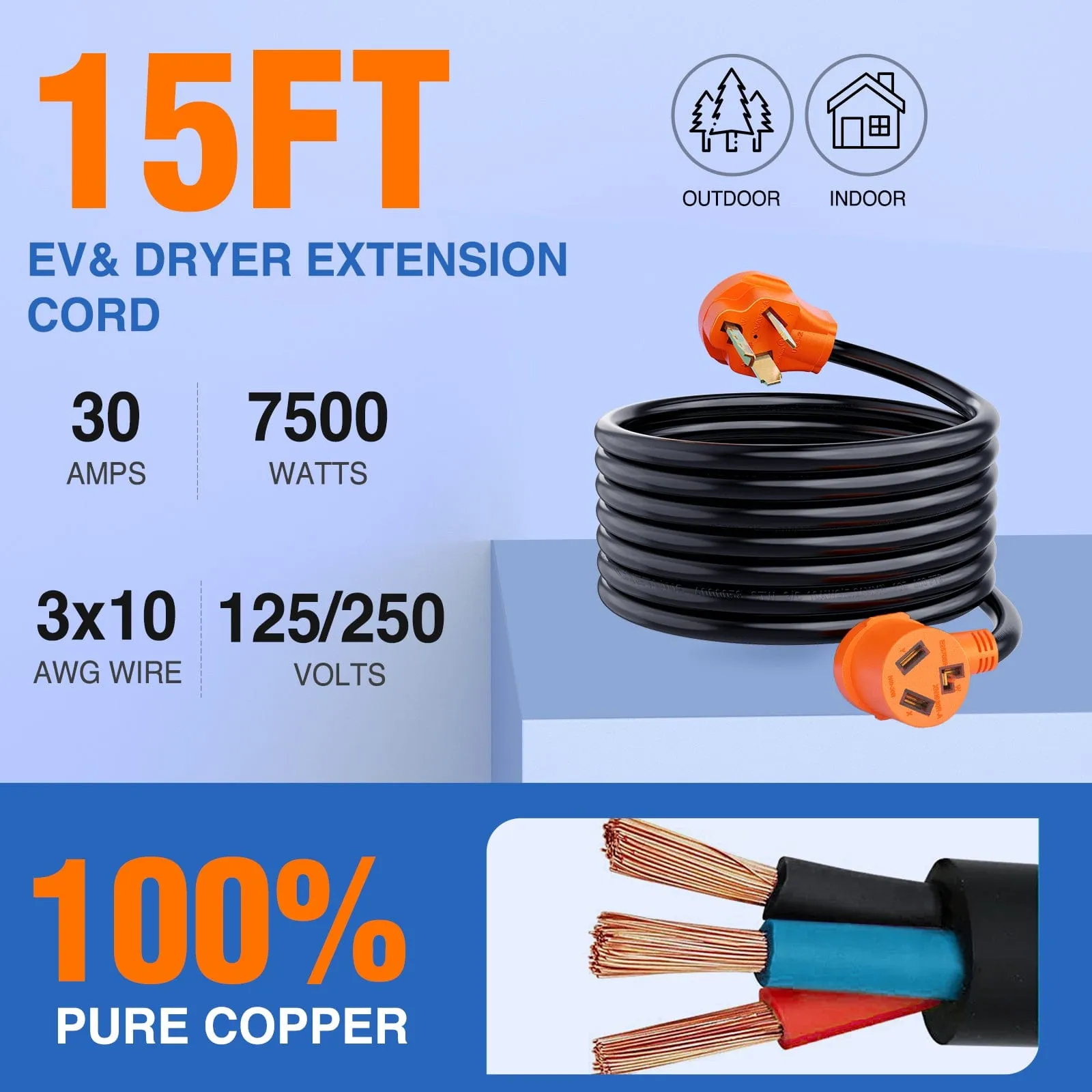 30 Amp 15FT 3 Prong EV Dryer Extension Cord