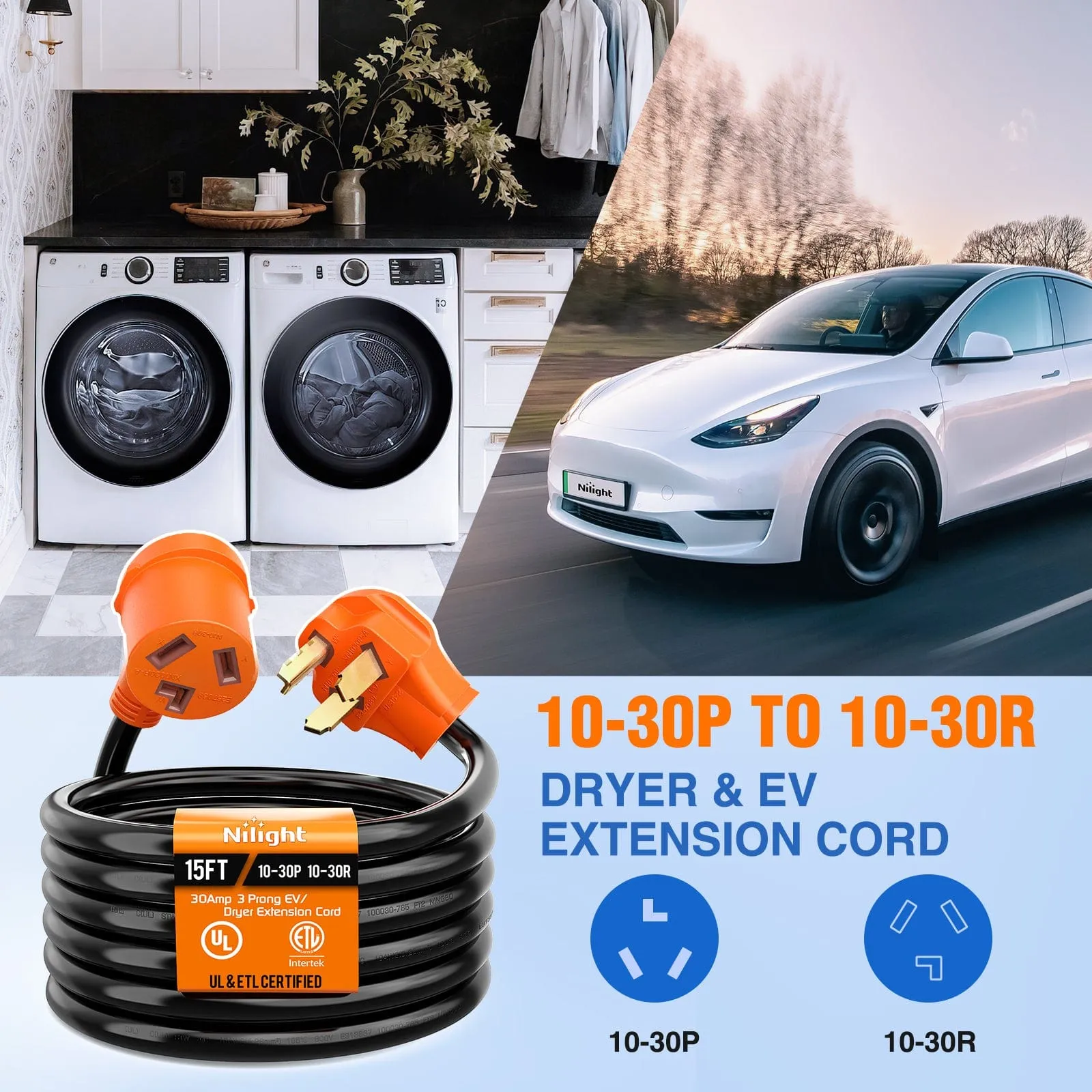 30 Amp 15FT 3 Prong EV Dryer Extension Cord