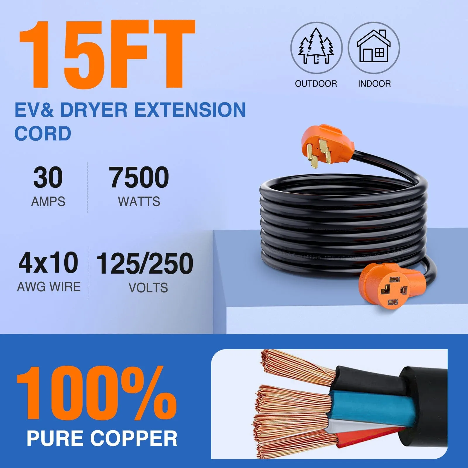 30 Amp 15FT 4 Prong EV Dryer Extension Cord