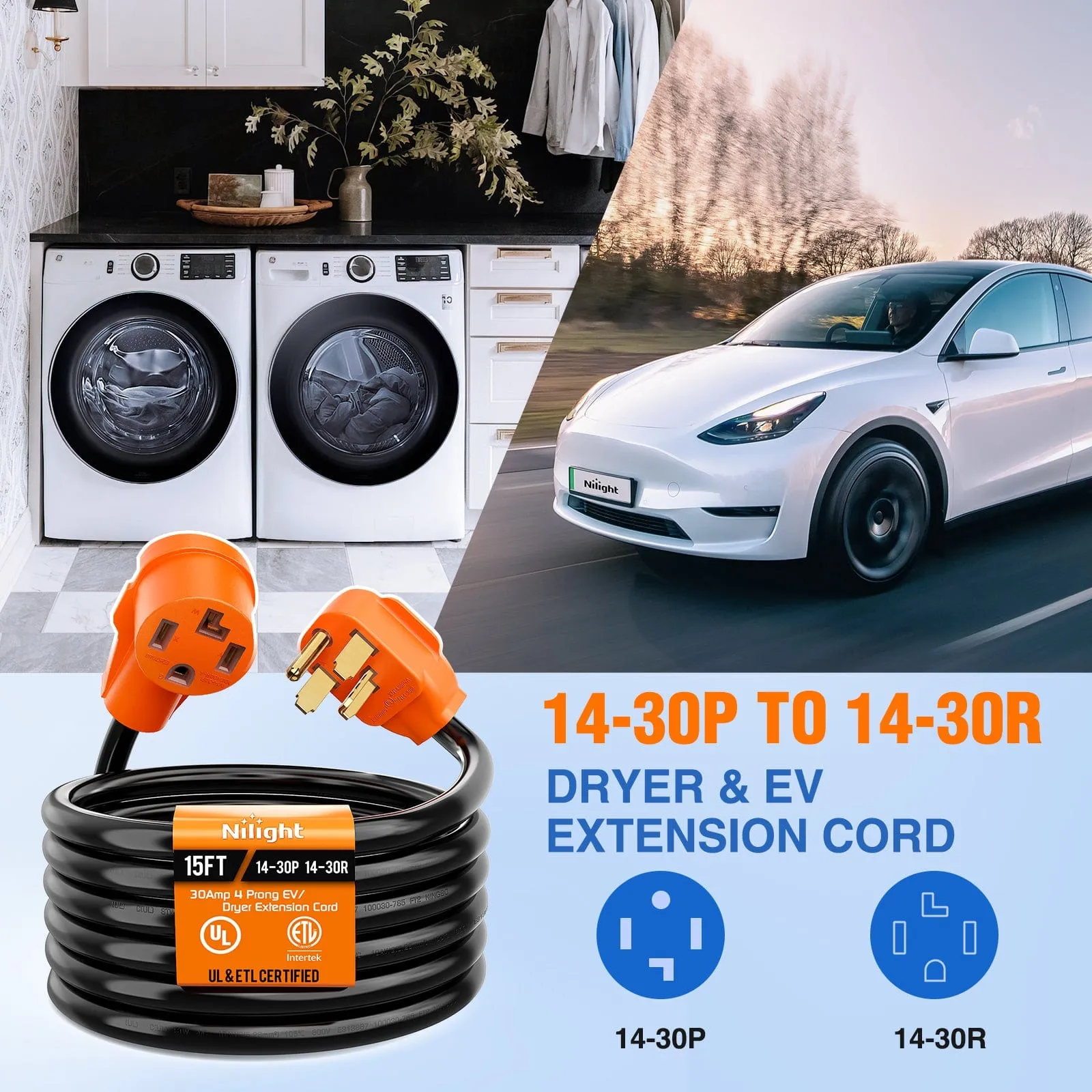 30 Amp 15FT 4 Prong EV Dryer Extension Cord