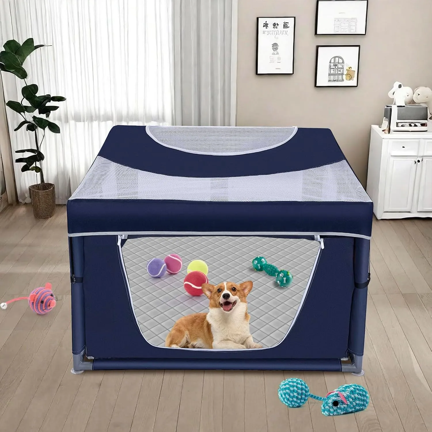 42  42 inch Dog Playpen with Pee Pad, Soft Puppy Playpen, 25 Height Pet Playpen for Small Dogs and Small Animals, Dog Fence Indoor, Play Yard with Zipper Door