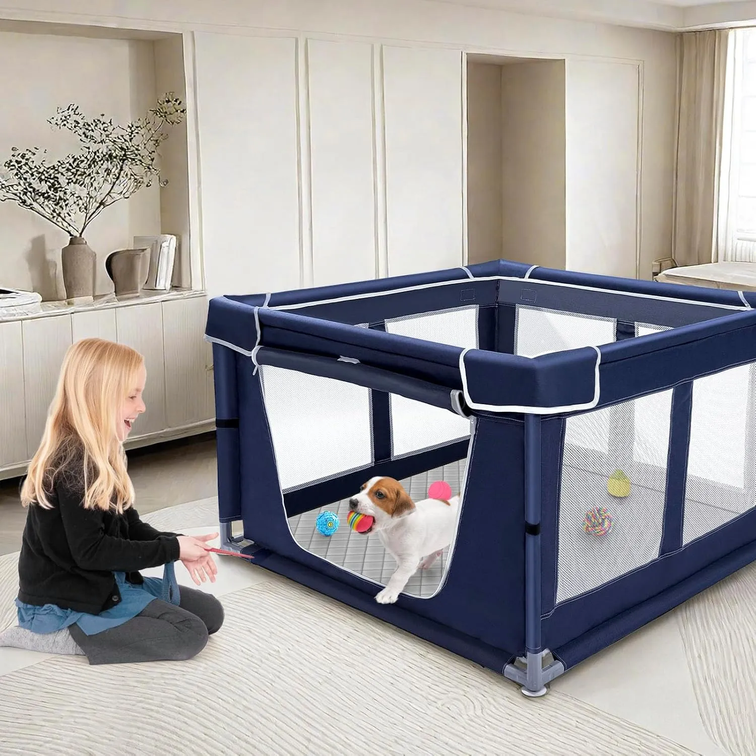 42  42 inch Dog Playpen with Pee Pad, Soft Puppy Playpen, 25 Height Pet Playpen for Small Dogs and Small Animals, Dog Fence Indoor, Play Yard with Zipper Door