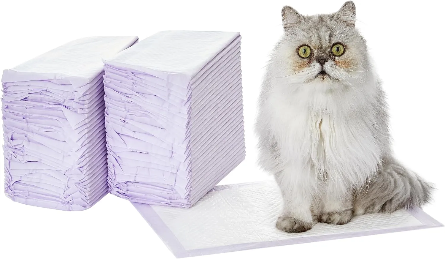 Amazon Basics Cat Pee Pads, 60 Count, Universal Fit for Litter Box, Odor Control, Unscented, White/Purple