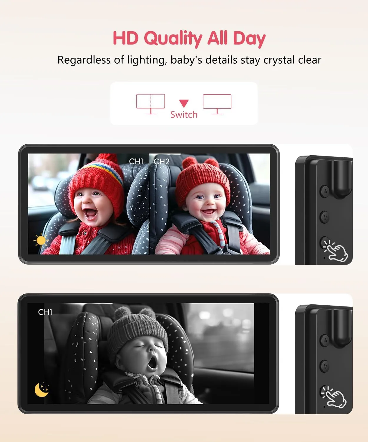 Baby Car Camera for 2 Kids, Dual Channel with 7.2" 1080P Crystal Clear Display, Easily Install Backseat Mirror with 2 IR Night Vision Cameras, Safety Car Baby Camera for Rear Facing