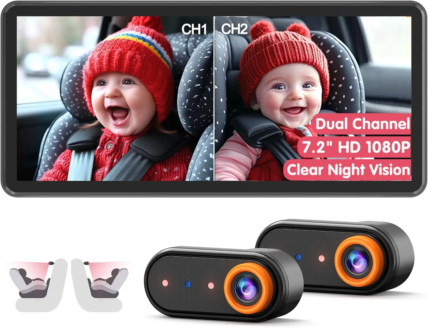 Baby Car Camera for 2 Kids, Dual Channel with 7.2" 1080P Crystal Clear Display, Easily Install Backseat Mirror with 2 IR Night Vision Cameras, Safety Car Baby Camera for Rear Facing