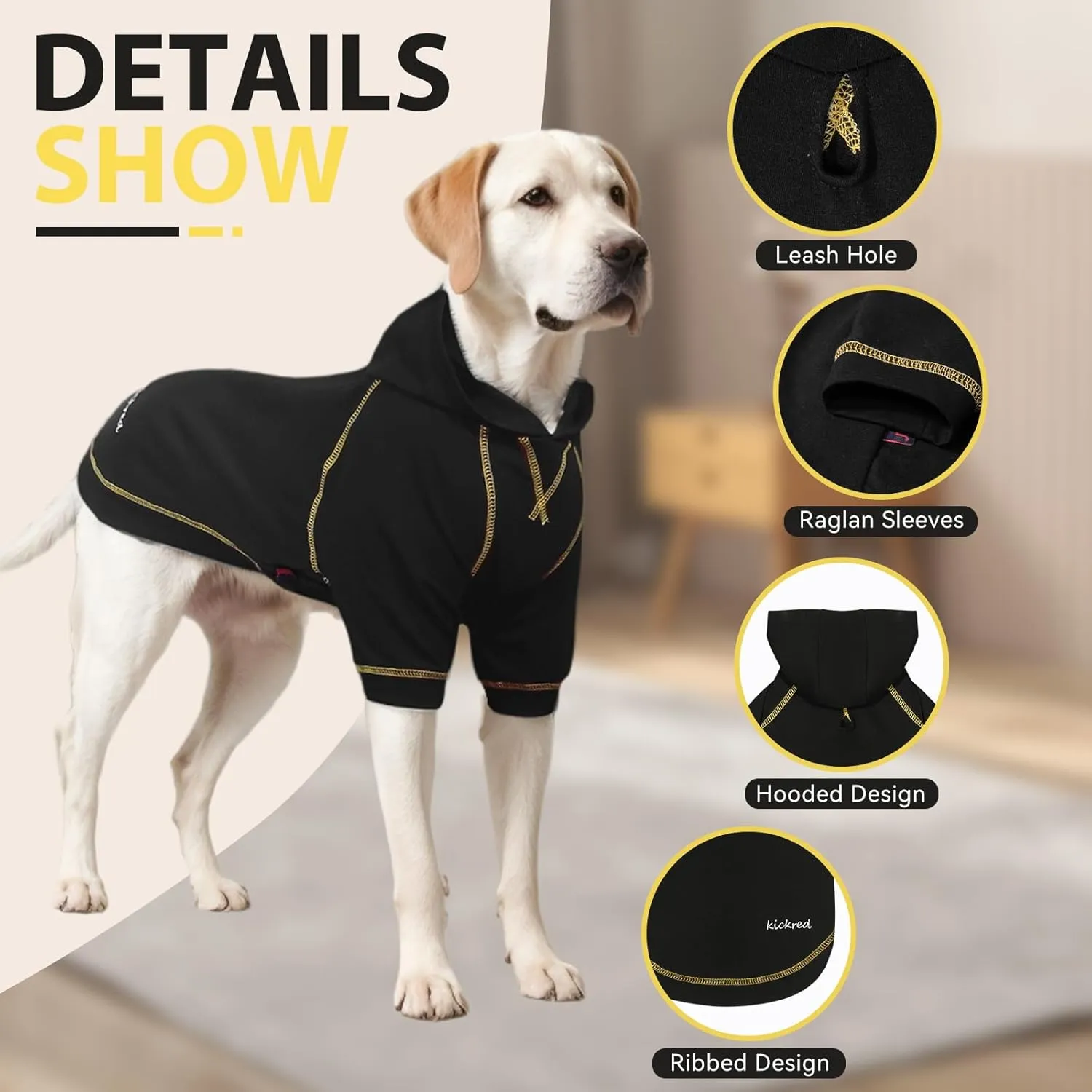 Basic Dog Hoodie Sweatshirts, Pet Clothes Hoodies Sweater with Hat and Leash Hole, Soft Cotton Outfit Coat for Large Medium Small Dogs, Black (Large)