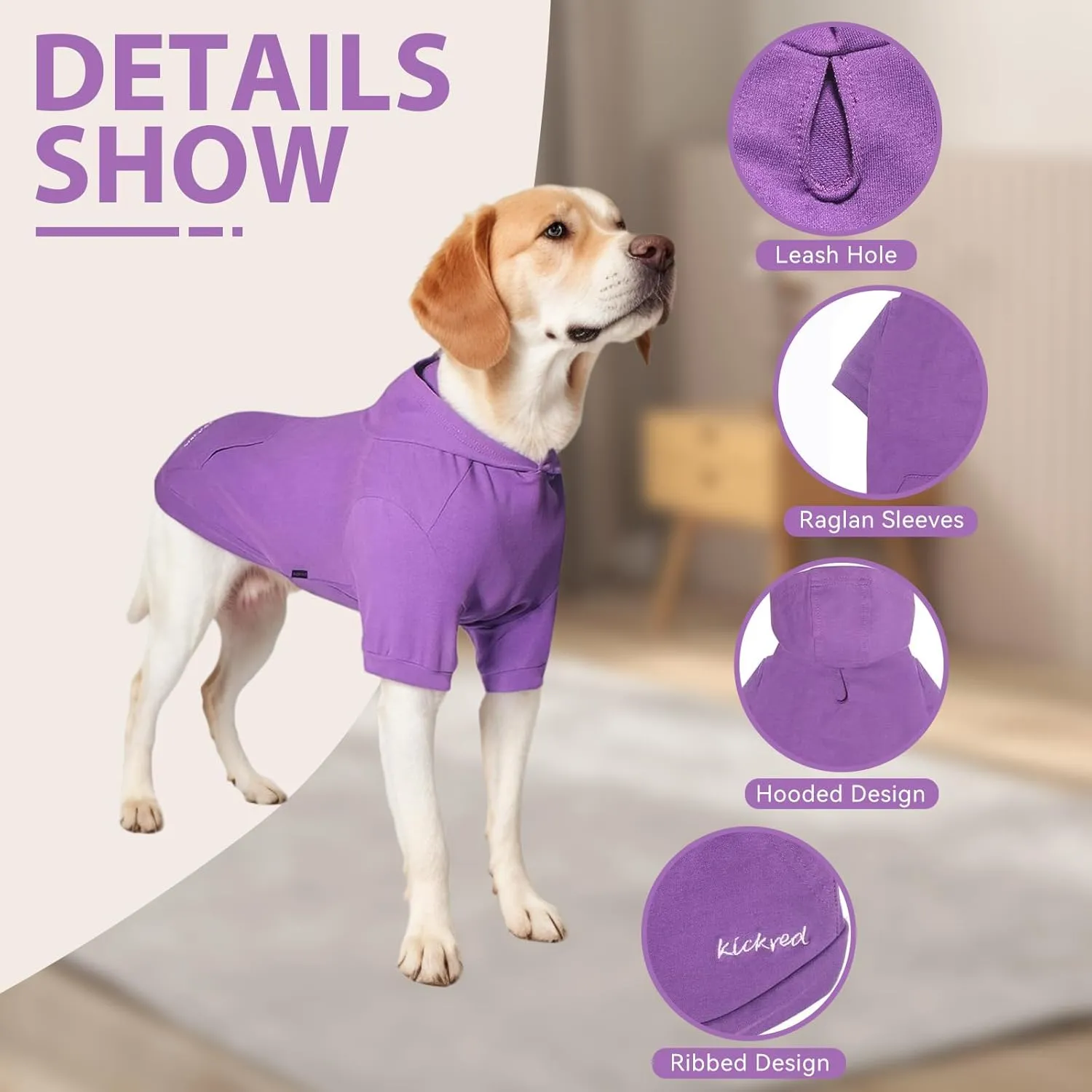 Basic Dog Hoodie Sweatshirts, Pet Clothes Hoodies Sweater with Hat and Leash Hole, Soft Cotton Outfit Coat for Large Medium Small Dogs, Purple (Medium)
