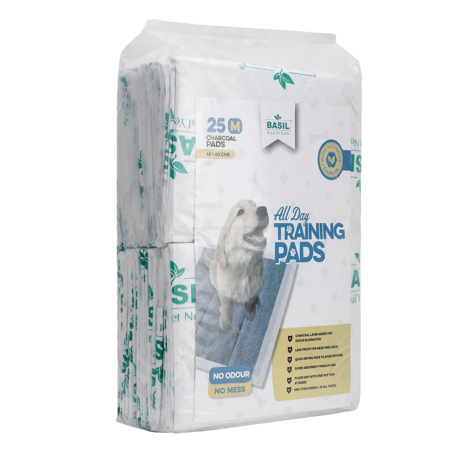 BASIL Dog Training Pee Pads with Activated Carbon & Leak-Proof Quick-Dry Design, Medium (45 x 60 Cms) - Pack of 25