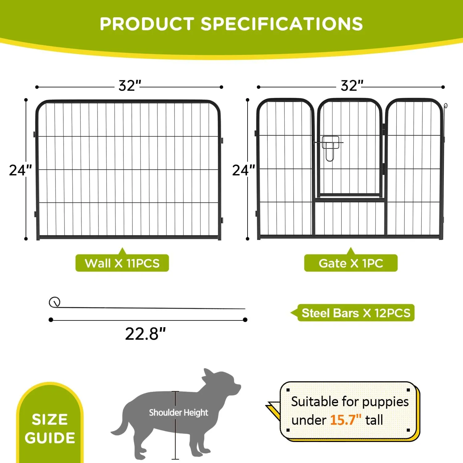 BestPet | Dog Playpen | 24 Inch, 12 Panels | Heavy Duty Metal Pet Exercise Pen | Indoor Outdoor Fence Panels | Rust-Resistant, Removable, Tool-Free Setup | Anti-Skid, Expandable Design