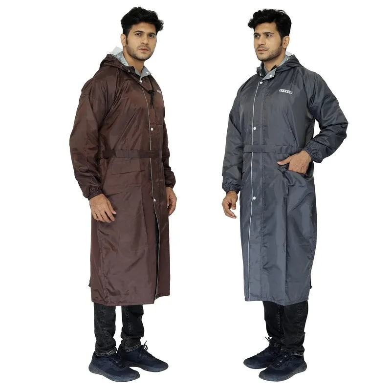 Combo: 2 Reversible Unisex Waterproof Long Coats with Storage Bag | Free Size | Grey, Brown