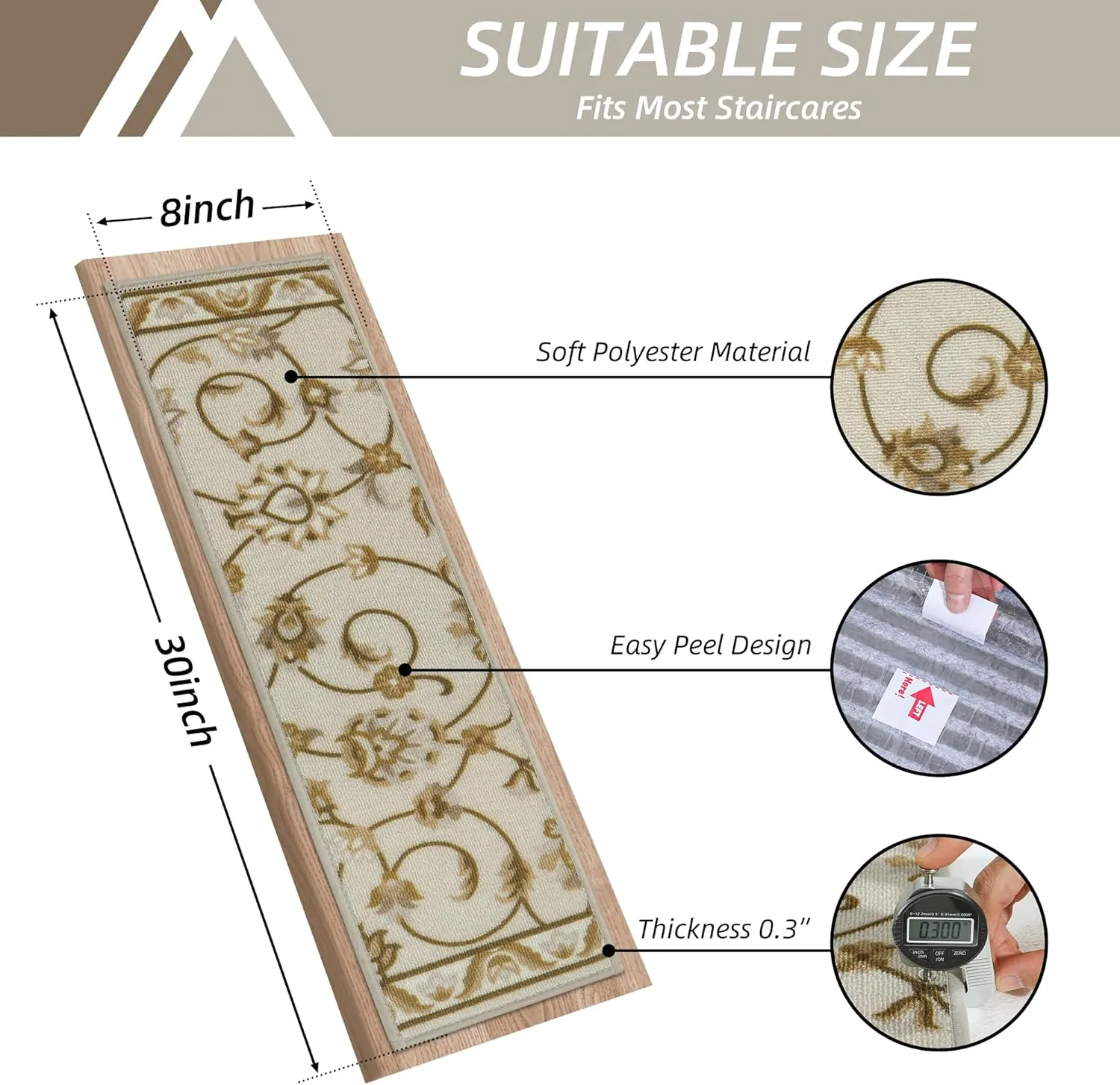 COSY HOMEER-Stair-Treads-for-Wooden-Steps Washable Indoor Stair Treads Non Slip 8" X 30" Soft Stair Carpet Treads Reusable Peel and Stick Stair Runner Rug for Kids, Elders and Pets 15pcs