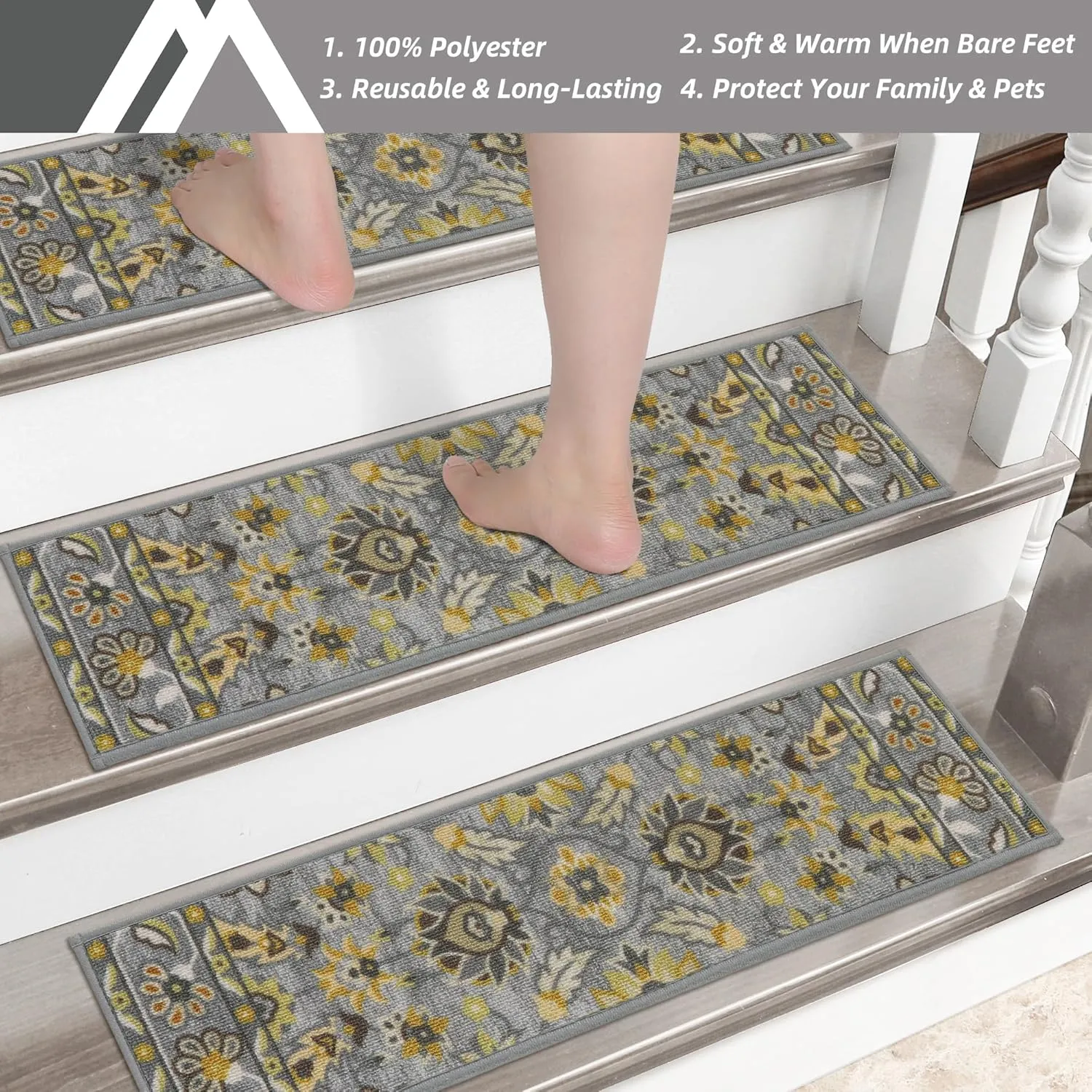COSY HOMEER-Stair-Treads-for-Wooden-Steps Washable Indoor Stair Treads Non Slip 8" X 30" Soft Stair Carpet Treads Reusable Peel and Stick Stair Runner Rug for Kids, Elders and Pets 15pcs