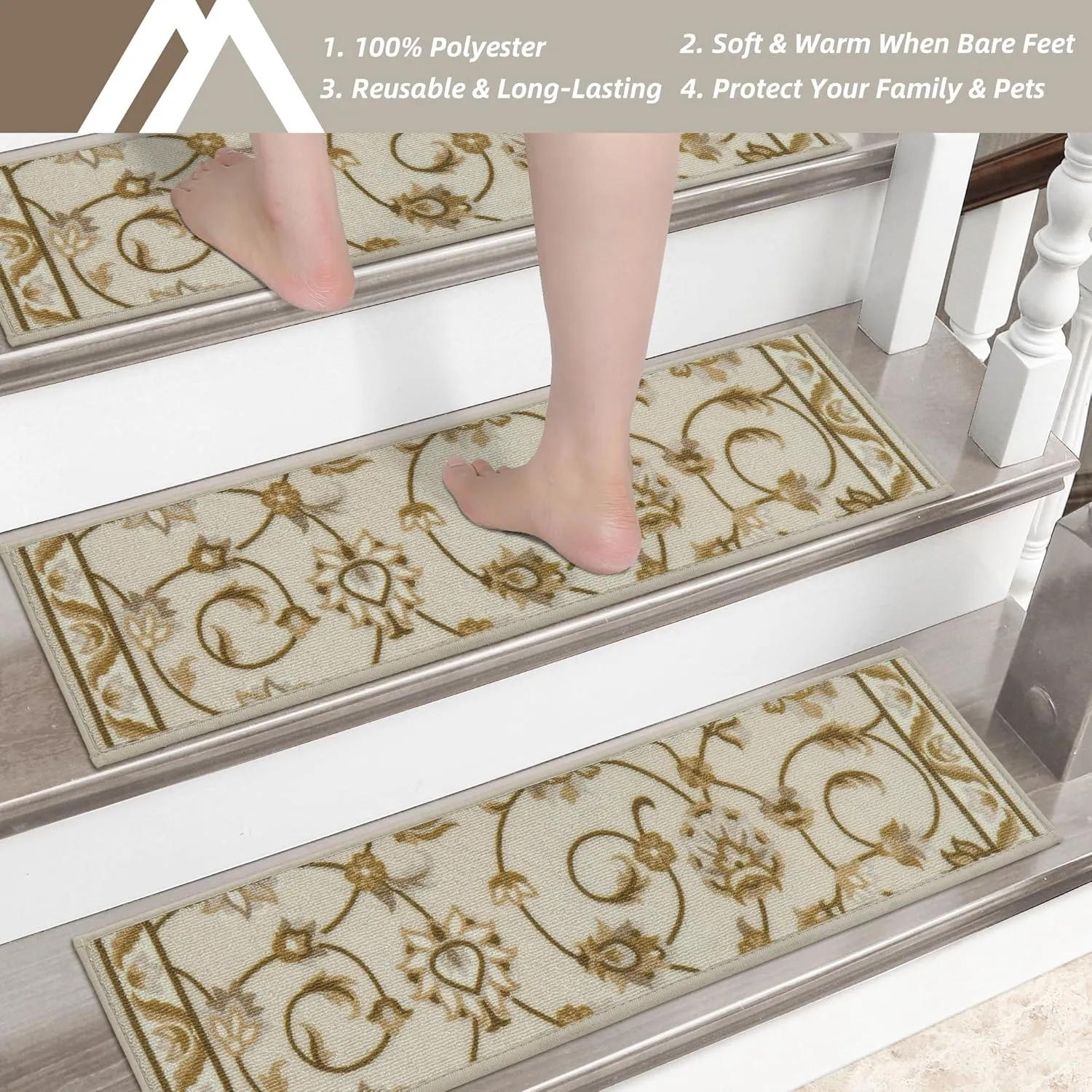 COSY HOMEER-Stair-Treads-for-Wooden-Steps Washable Indoor Stair Treads Non Slip 8" X 30" Soft Stair Carpet Treads Reusable Peel and Stick Stair Runner Rug for Kids, Elders and Pets 15pcs