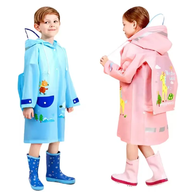 Custom Hooded Stylish Waterproof Pocket Raincoats Students Cartoon PVC Breathable Boys Rain Coat for Kids Baby