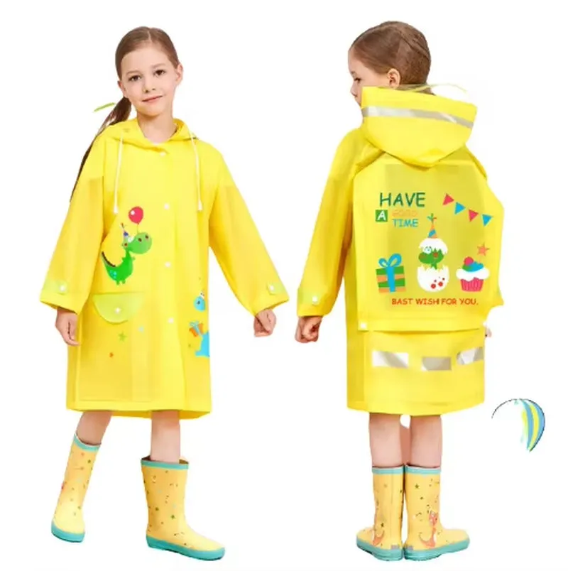 Custom Hooded Stylish Waterproof Pocket Raincoats Students Cartoon PVC Breathable Boys Rain Coat for Kids Baby