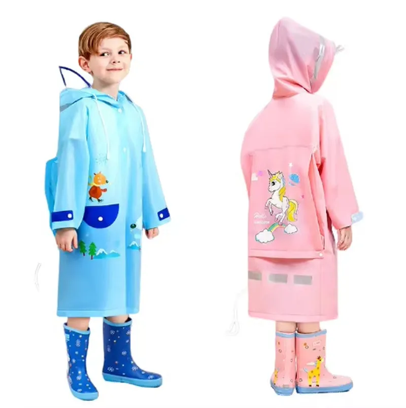 Custom Hooded Stylish Waterproof Pocket Raincoats Students Cartoon PVC Breathable Boys Rain Coat for Kids Baby