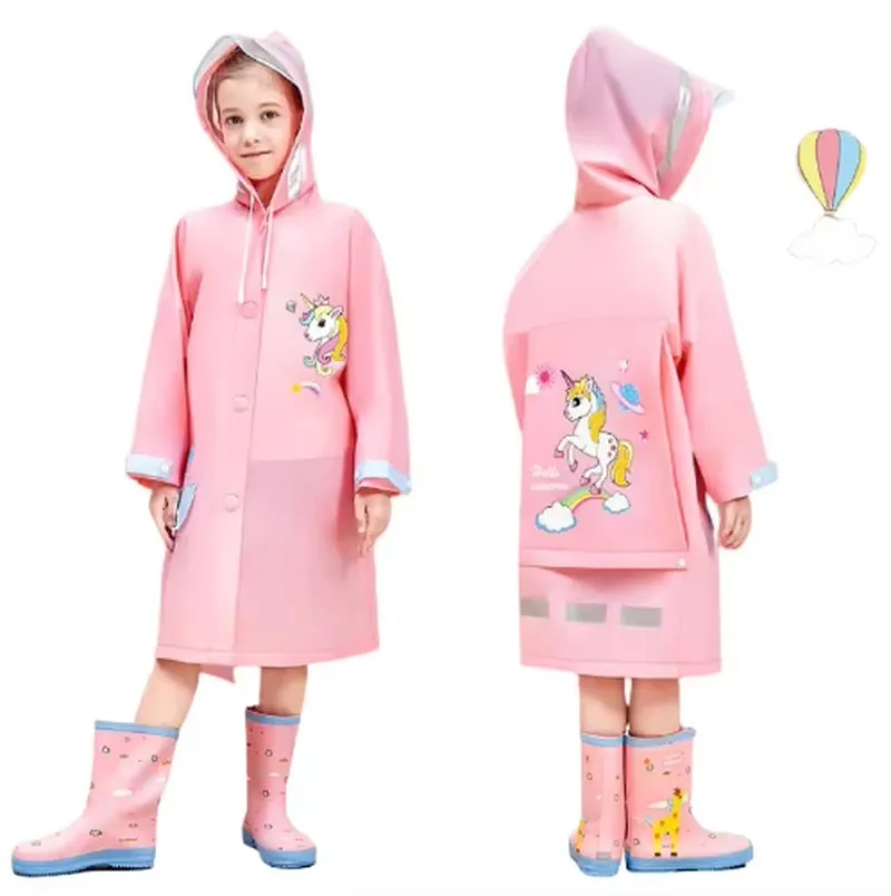 Custom Hooded Stylish Waterproof Pocket Raincoats Students Cartoon PVC Breathable Boys Rain Coat for Kids Baby