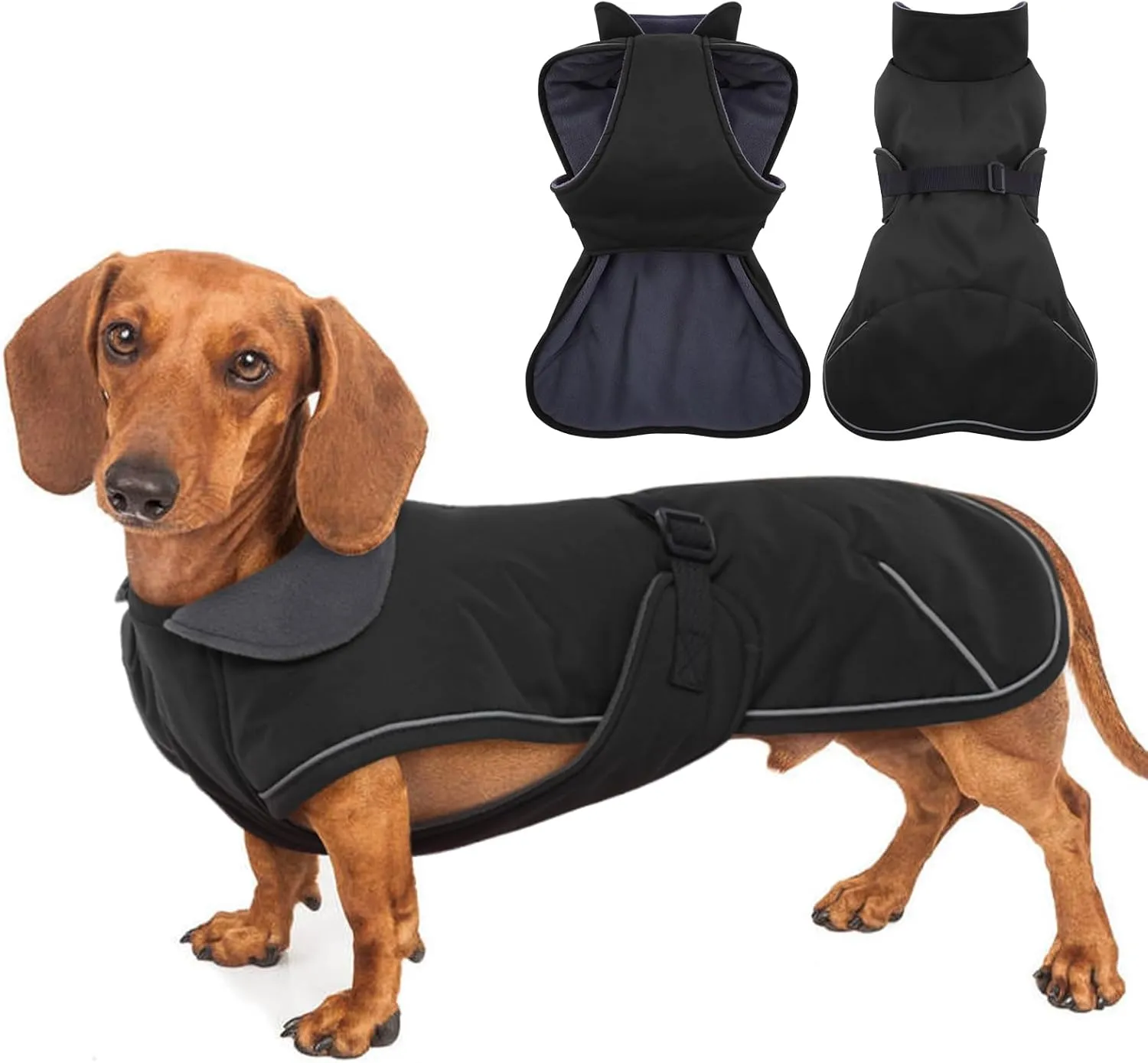 Dachshund Coat Reflective Dachshund Jacket - Black,Small - Waterproof Dachshund Clothes for Winter, Dog Winter Coat with Fleece Lining, Dachshund Coat Harness Hole Adjustable Buckle Closure