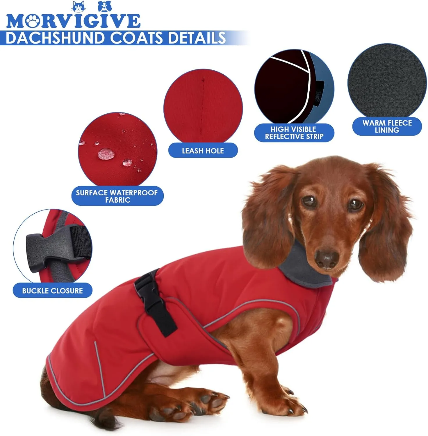 Dachshund Jacket - Reflective, Waterproof Dog Winter Coat, Warm Fleece Lining, Adjustable Buckle Closure - Red, Small
