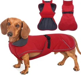 Dachshund Jacket - Reflective, Waterproof Dog Winter Coat, Warm Fleece Lining, Adjustable Buckle Closure - Red, Small