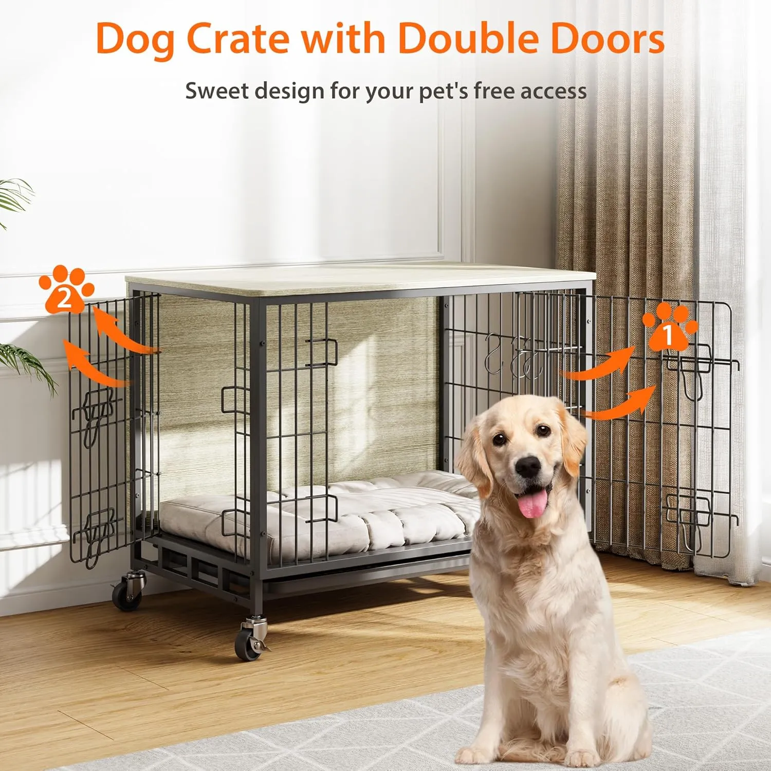 Dog Crate Furniture, 2024 Deluxe Wooden Dog Kennel with Removable Tray and Wheels, Heavy-Duty Double-Doors 32.5" Dog Cage End Table, Indoor Dog House for Large Dogs (Grey & Black, Medium)