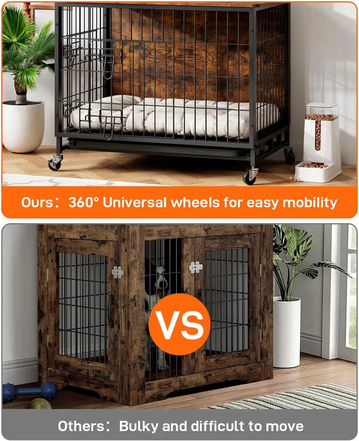 Dog Crate Furniture, 2024 Deluxe Wooden Dog Kennel with Removable Tray and Wheels, Heavy-Duty Double-Doors 32.5" Dog Cage End Table, Indoor Dog House for Large Dogs (Grey & Black, Medium)