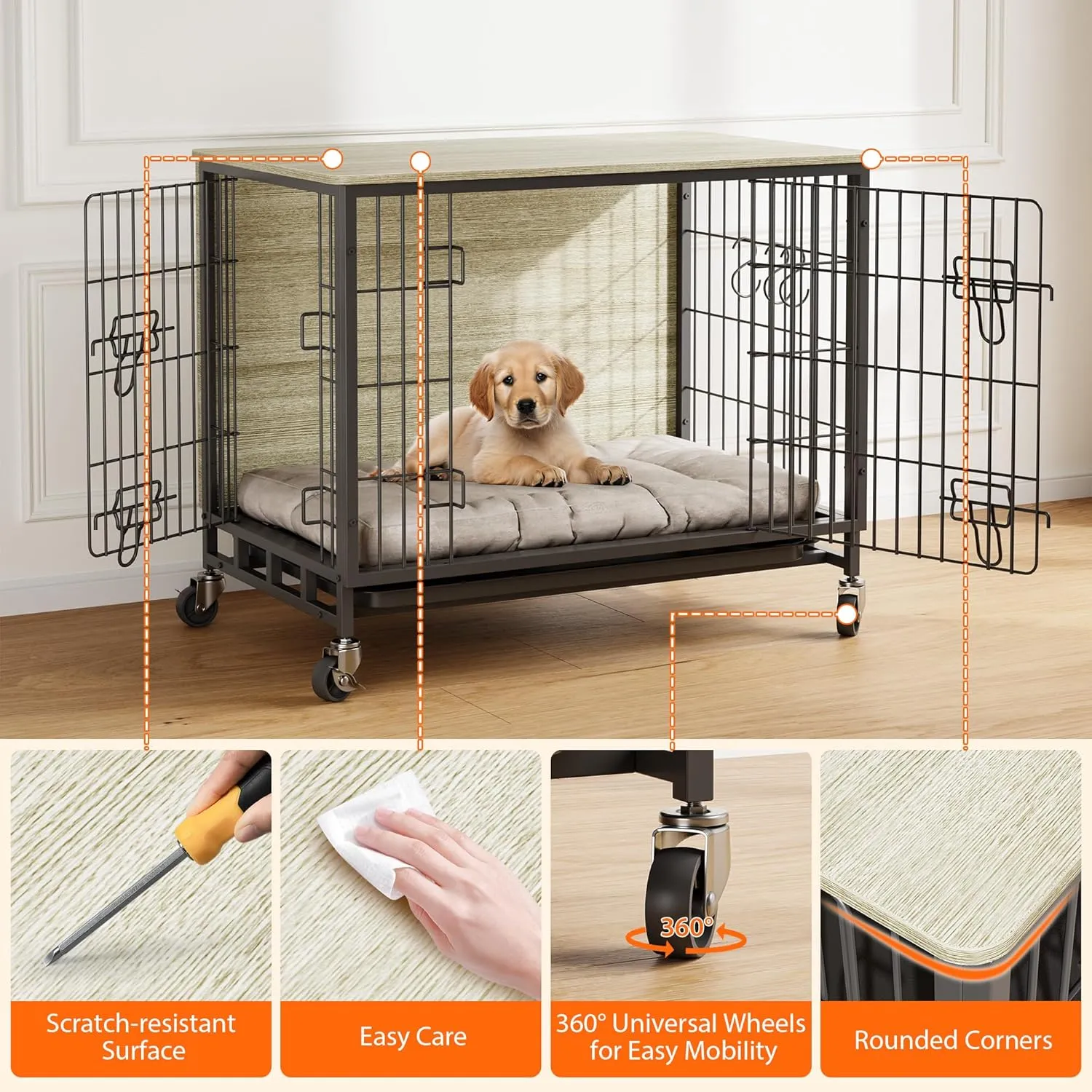 Dog Crate Furniture, 2024 Deluxe Wooden Dog Kennel with Removable Tray and Wheels, Heavy-Duty Double-Doors 32.5" Dog Cage End Table, Indoor Dog House for Large Dogs (Grey & Black, Medium)