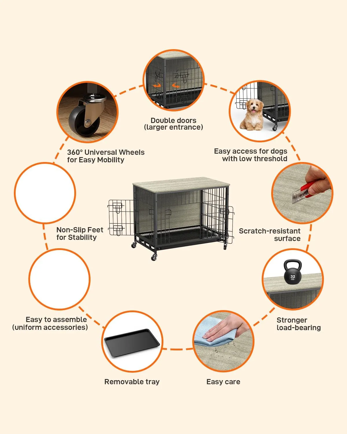Dog Crate Furniture, 2024 Deluxe Wooden Dog Kennel with Removable Tray and Wheels, Heavy-Duty Double-Doors 32.5" Dog Cage End Table, Indoor Dog House for Large Dogs (Grey & Black, Medium)
