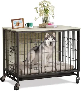 Dog Crate Furniture, 2024 Deluxe Wooden Dog Kennel with Removable Tray and Wheels, Heavy-Duty Double-Doors 32.5" Dog Cage End Table, Indoor Dog House for Large Dogs (Grey & Black, Medium)