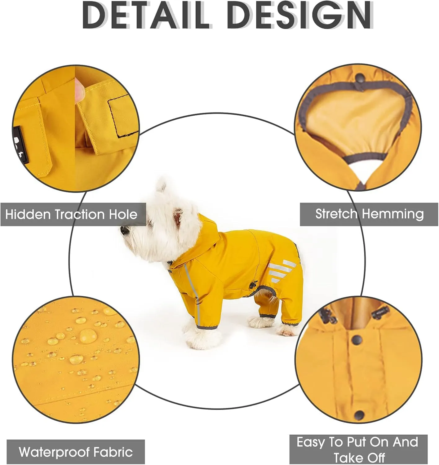 Dog Raincoat, Waterproof Dog Rain Jacket with Hood, Rain Coat with Leash Hole, Reflective Strap for Small Medium Dogs, Outdoor Adventures/Walking Lightweight Puppy(Yellow,L)