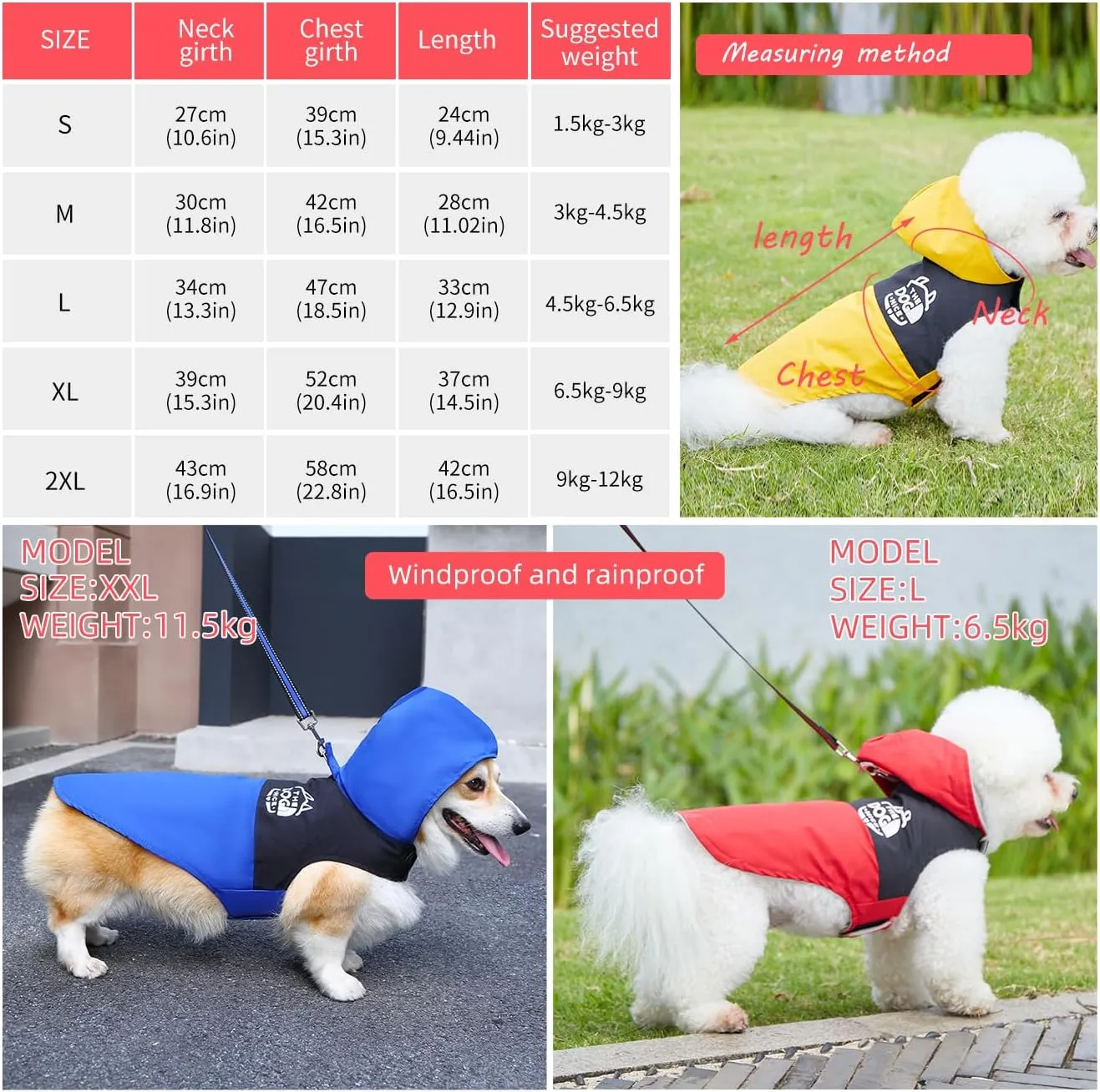 Dog Raincoats,Winter Coat,Windproof Waterproof Warm Jacket,Pet Dog Clothes for Small Medium Large Dogs (Red,Small)