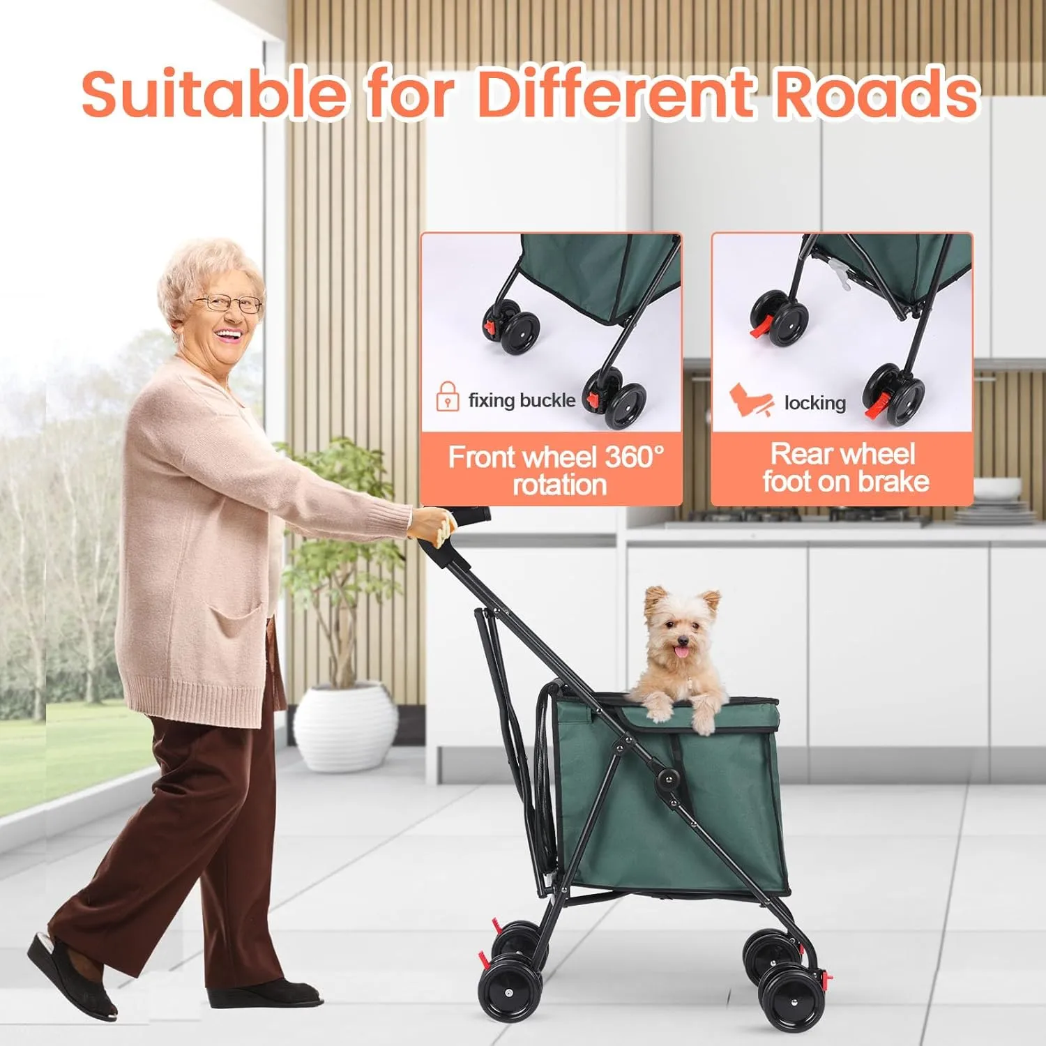 Dog Strollers Collapsible Pet Stroller Wagon, Heavy Duty Folding Utility Cart with 360 Swivel Wheels & Brake, 60lbs Capacity  Steel Frame, Water-Resistant Cover for Cats, Shopping, Camping (Green)