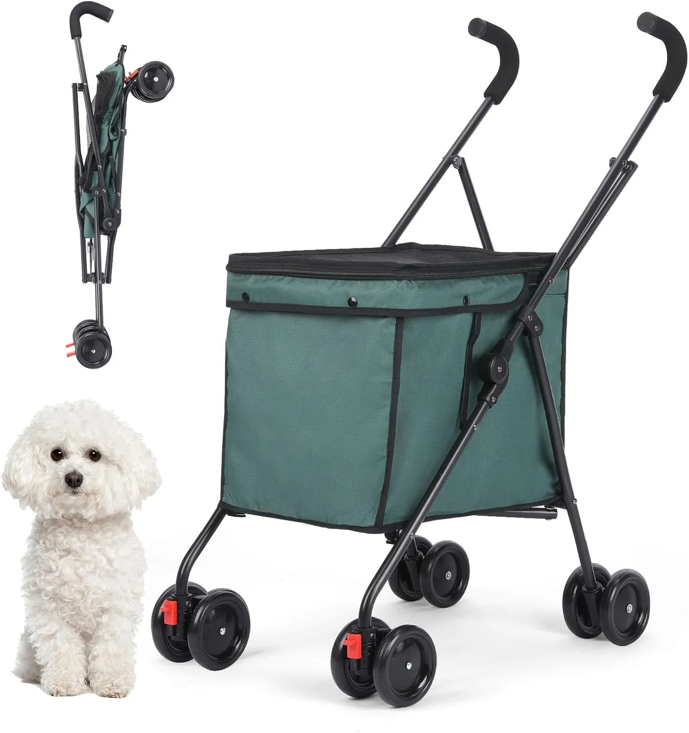 Dog Strollers Collapsible Pet Stroller Wagon, Heavy Duty Folding Utility Cart with 360 Swivel Wheels & Brake, 60lbs Capacity  Steel Frame, Water-Resistant Cover for Cats, Shopping, Camping (Green)