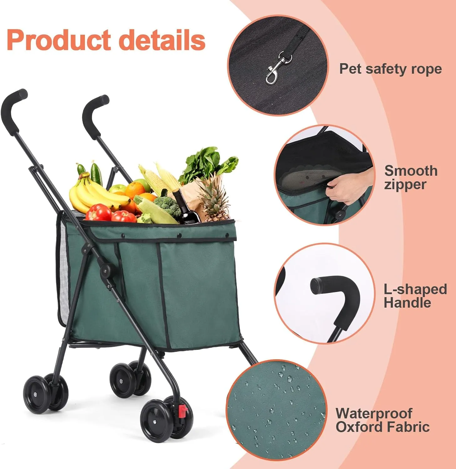 Dog Strollers Collapsible Pet Stroller Wagon, Heavy Duty Folding Utility Cart with 360 Swivel Wheels & Brake, 60lbs Capacity  Steel Frame, Water-Resistant Cover for Cats, Shopping, Camping (Green)