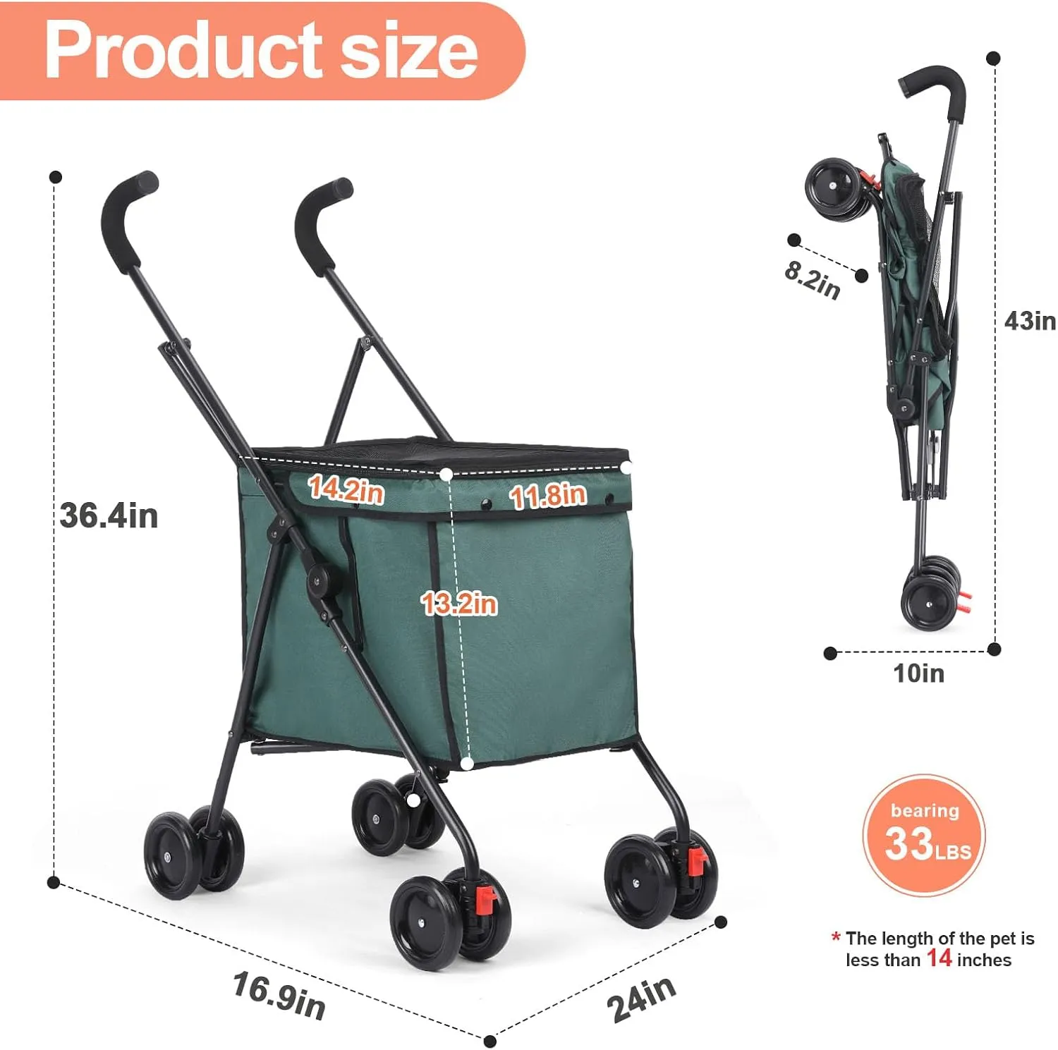 Dog Strollers Collapsible Pet Stroller Wagon, Heavy Duty Folding Utility Cart with 360 Swivel Wheels & Brake, 60lbs Capacity  Steel Frame, Water-Resistant Cover for Cats, Shopping, Camping (Green)