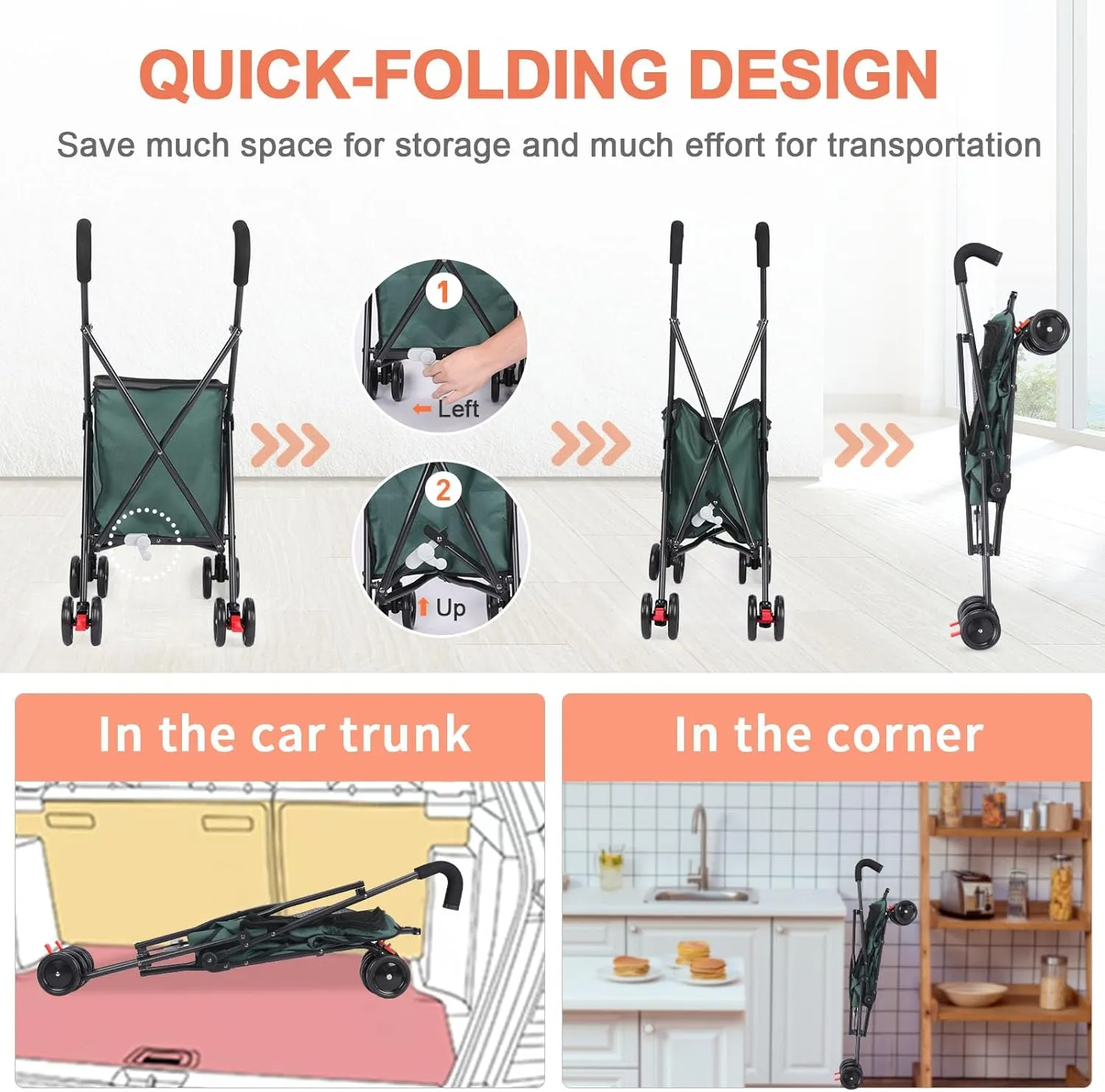 Dog Strollers Collapsible Pet Stroller Wagon, Heavy Duty Folding Utility Cart with 360 Swivel Wheels & Brake, 60lbs Capacity  Steel Frame, Water-Resistant Cover for Cats, Shopping, Camping (Green)