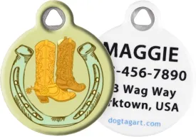 Dog Tag Art Cowboy Boots Custom Pet ID Tag for Dogs and Cats, Silent Polymer Coated Stainless Steel Nametag with Customized Identification Information, Cowboy Boots - Large 1.25" Diameter