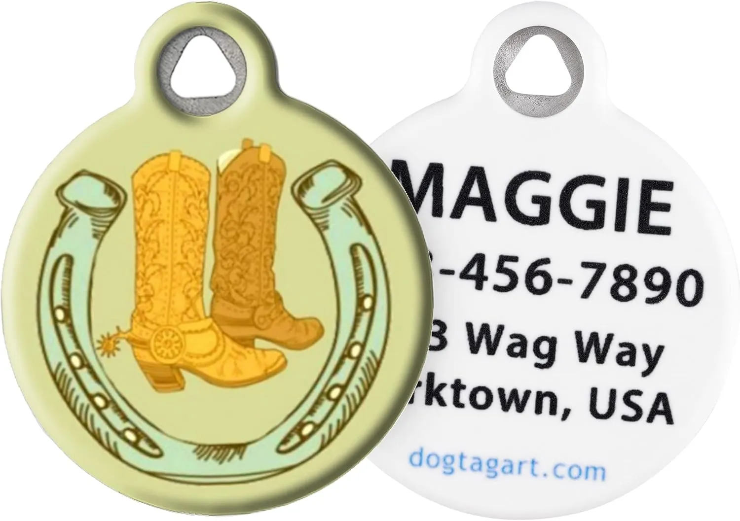 Dog Tag Art Cowboy Boots Custom Pet ID Tag for Dogs and Cats, Silent Polymer Coated Stainless Steel Nametag with Customized Identification Information, Cowboy Boots - Large 1.25" Diameter