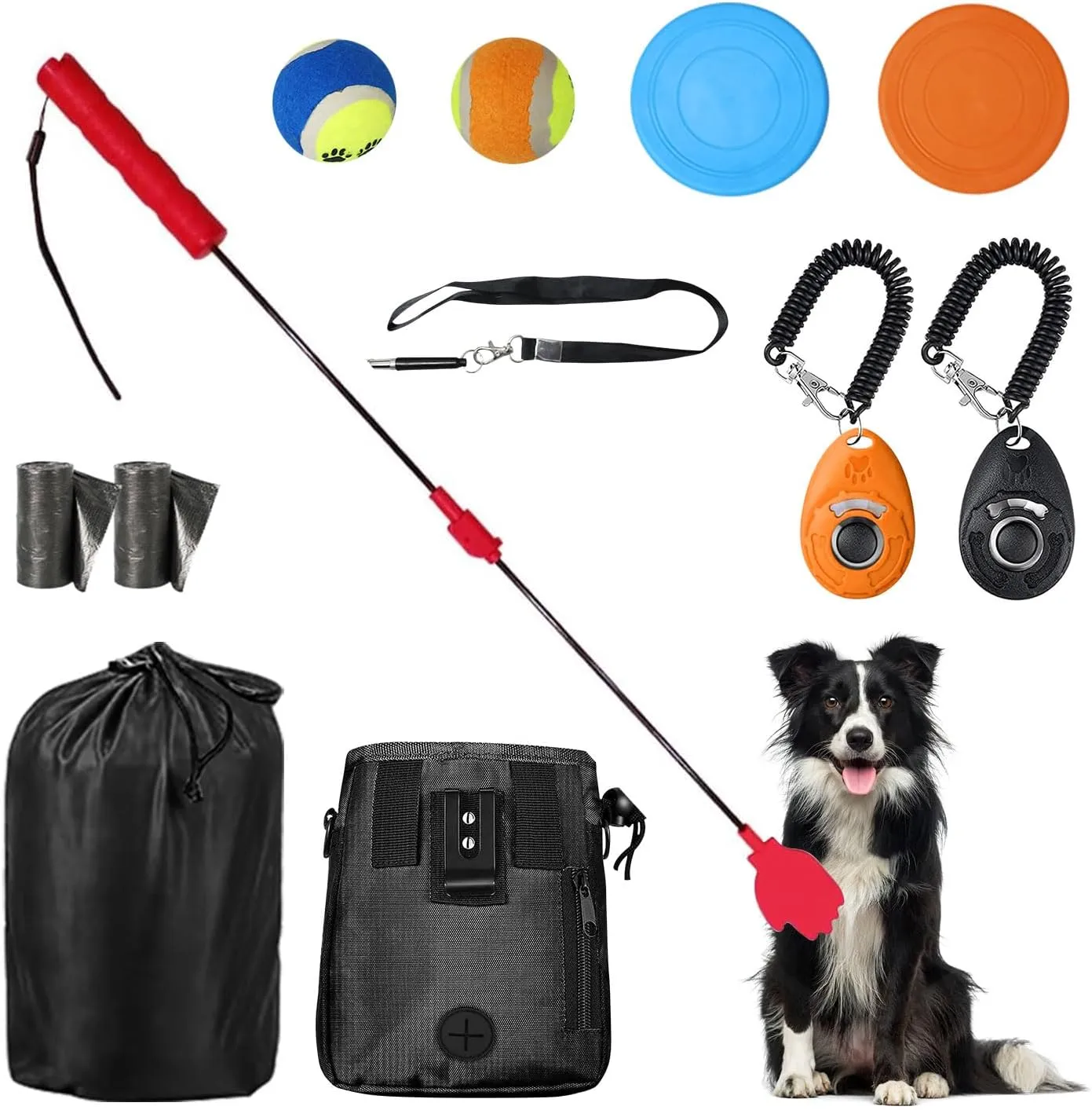Dog Training Stick Equipment Set Outdoor Indoor Training Puppy Dog Tools, 1 Dog Treat Pouch w/Belt, 2 Toy Balls, 2 Flying Discs, 1 Whistle, 2 Trash Bag, 2 Pet Training Clicker, 1 Carry Bag