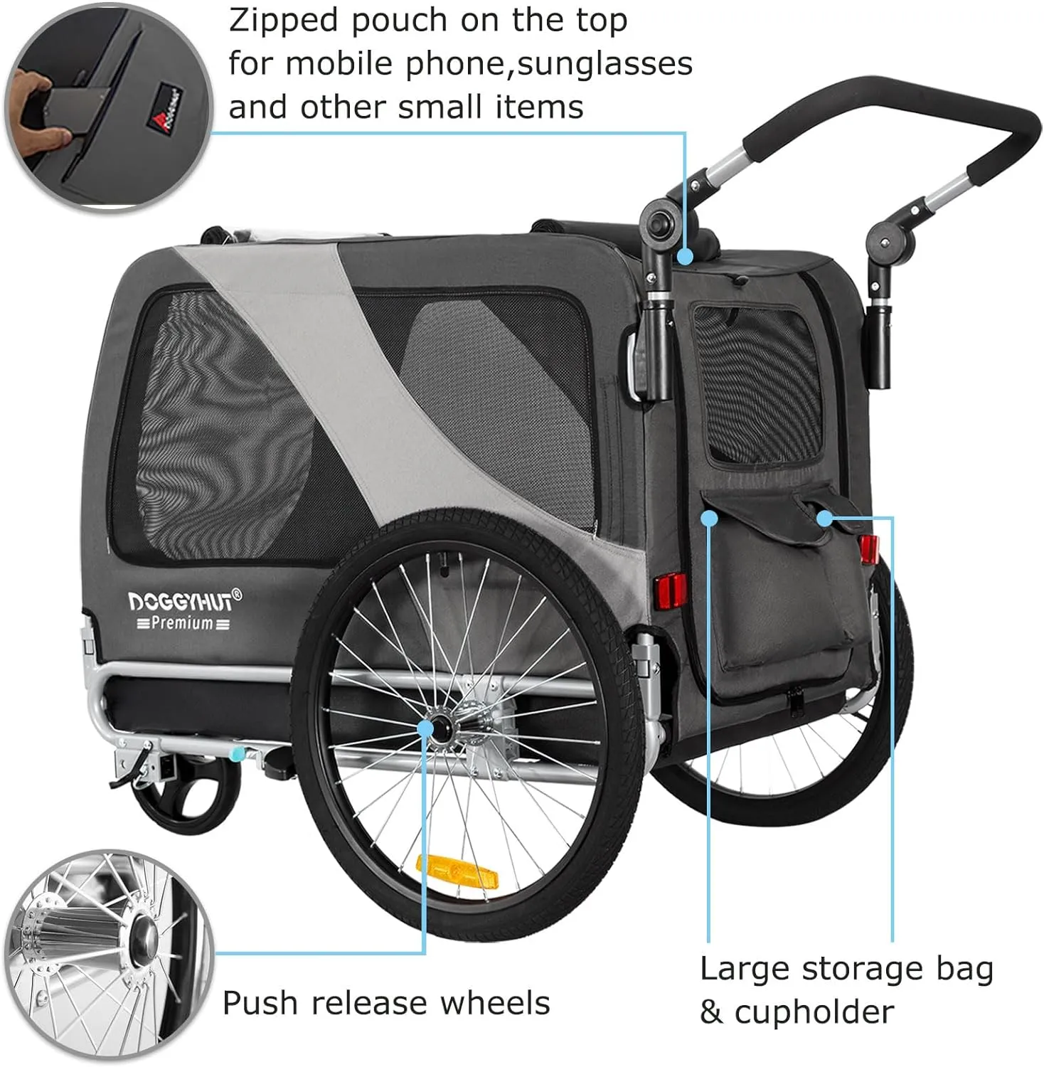 DOGGYHUT Premium Large/XL Pet Bike Trailer & Stroller for Large Sized Dog or Multiple Small Dogs,Low Center of Gravity,Parking Brakes,Easy Folding Frame,Bicycle Carrier