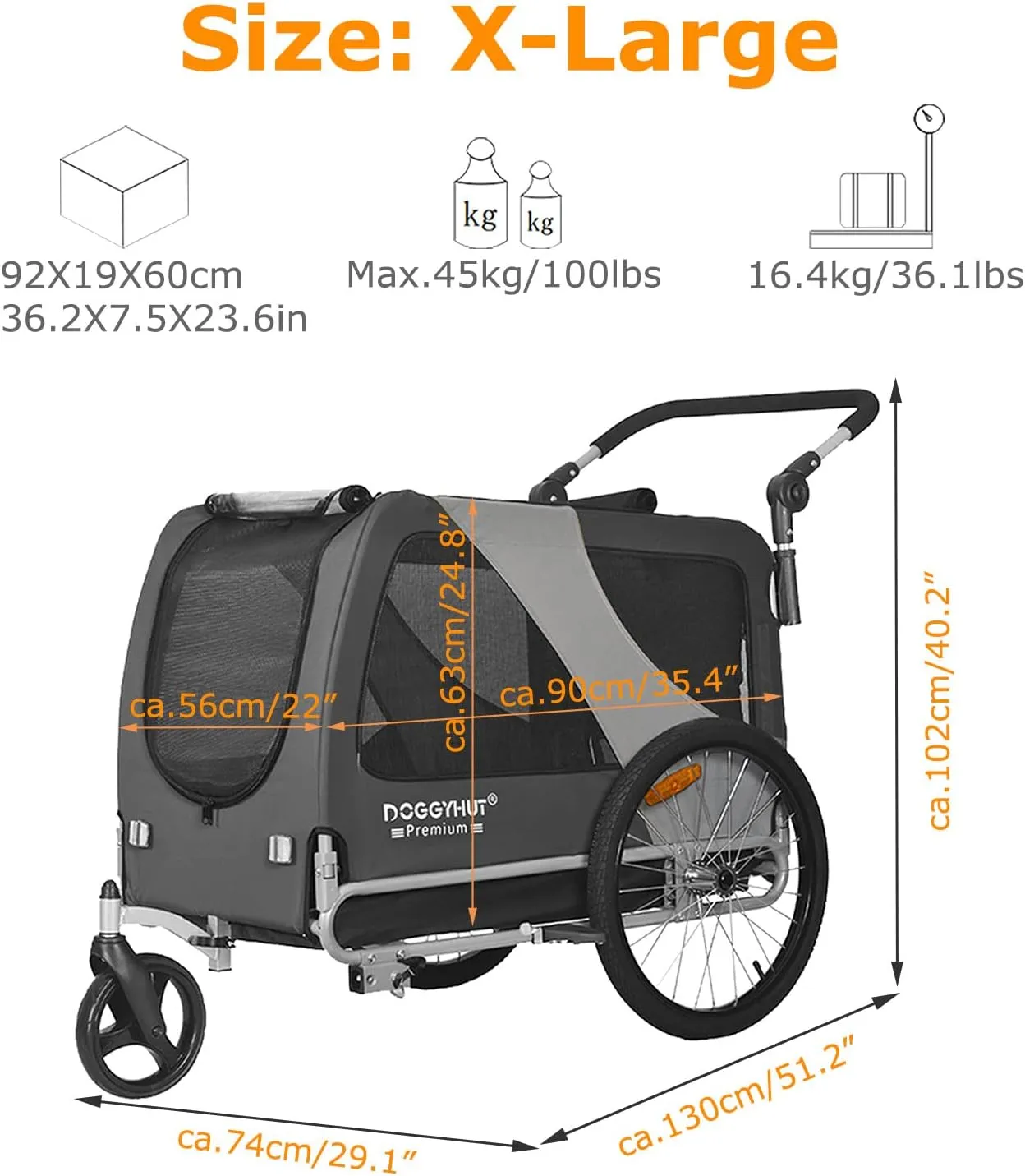 DOGGYHUT Premium Large/XL Pet Bike Trailer & Stroller for Large Sized Dog or Multiple Small Dogs,Low Center of Gravity,Parking Brakes,Easy Folding Frame,Bicycle Carrier