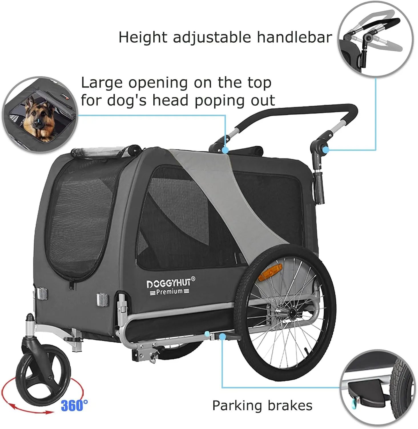 DOGGYHUT Premium Large/XL Pet Bike Trailer & Stroller for Large Sized Dog or Multiple Small Dogs,Low Center of Gravity,Parking Brakes,Easy Folding Frame,Bicycle Carrier