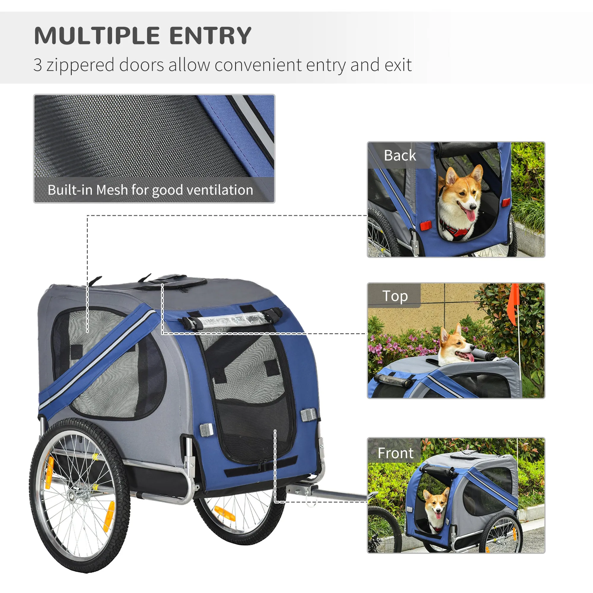 Folding Dog Bike Trailer Pet Cart Carrier for Bicycle Travel in Steel Frame with Hitch Coupler - Blue & Grey