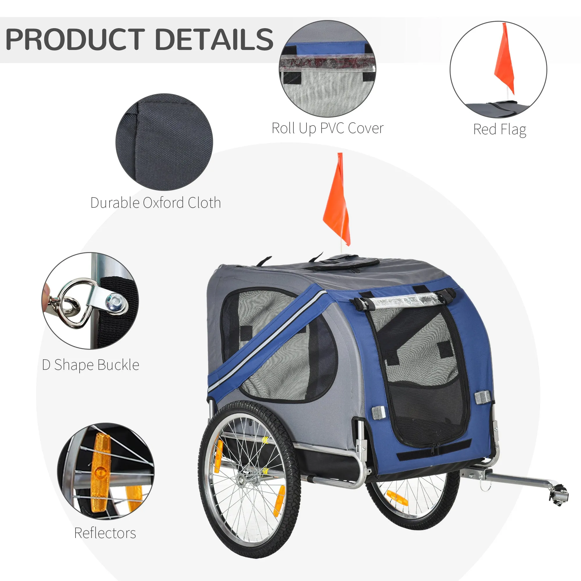 Folding Dog Bike Trailer Pet Cart Carrier for Bicycle Travel in Steel Frame with Hitch Coupler - Blue & Grey