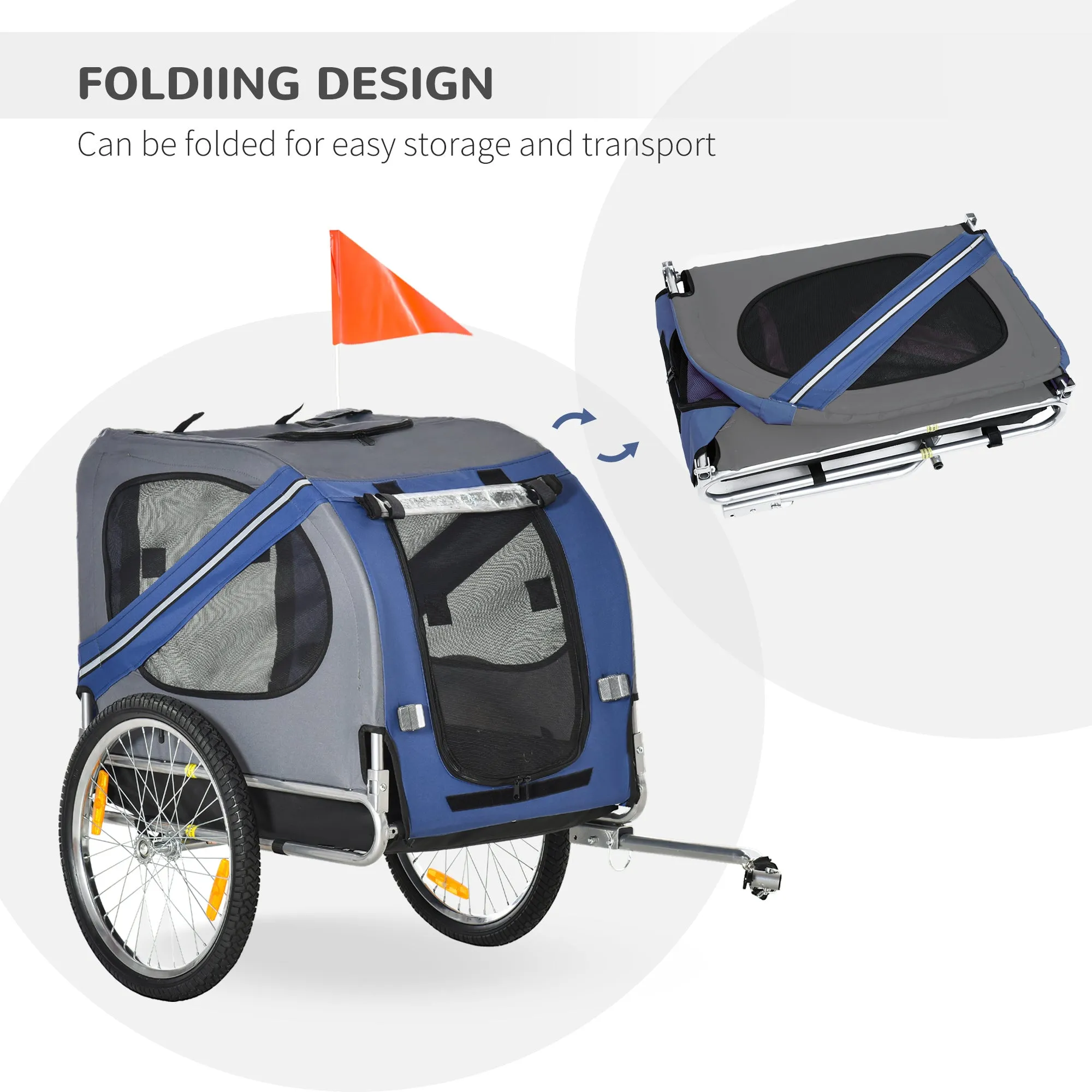 Folding Dog Bike Trailer Pet Cart Carrier for Bicycle Travel in Steel Frame with Hitch Coupler - Blue & Grey