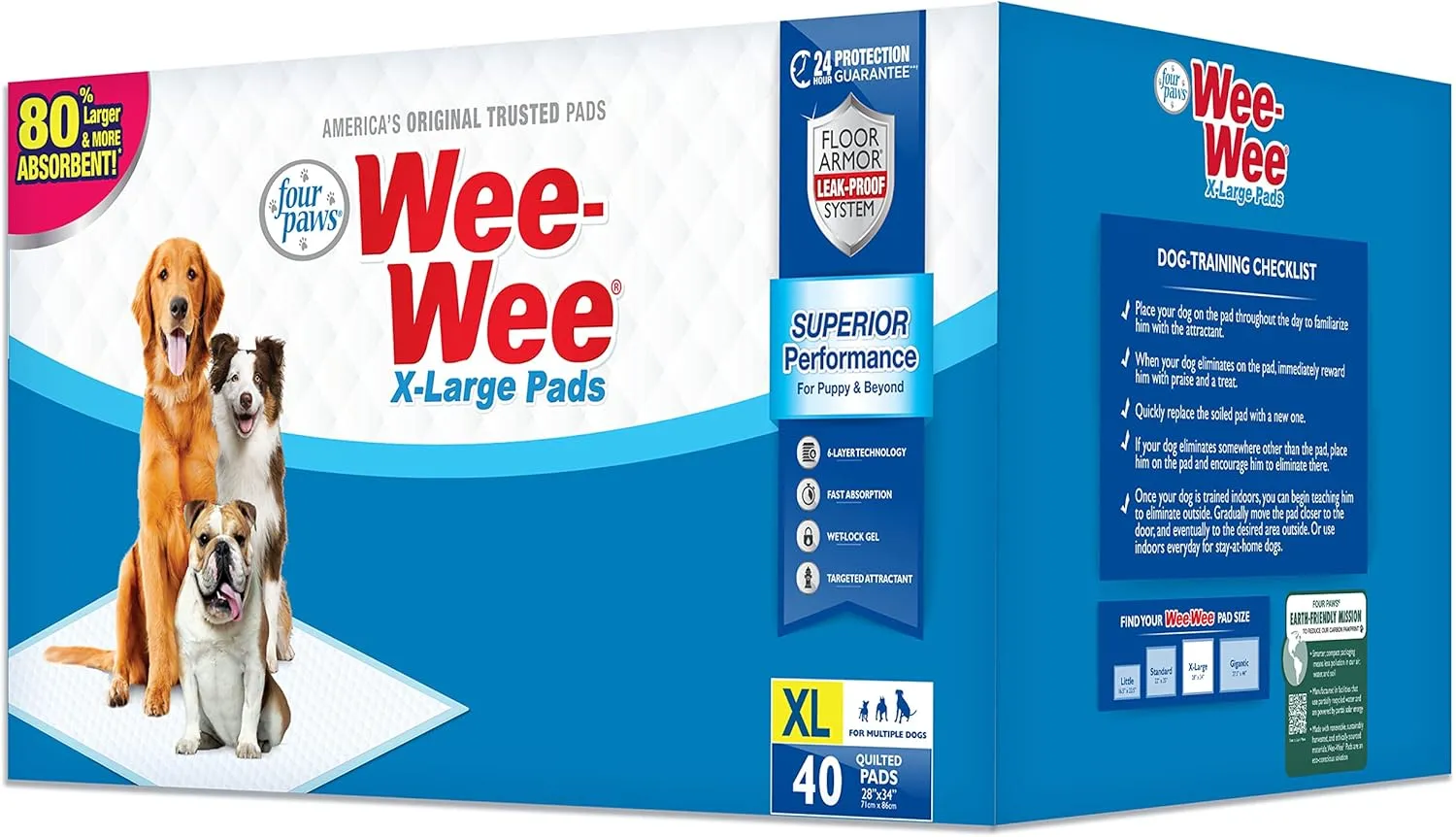 Four Paws Wee-Wee Superior Performance Pee Pads for Dogs with Runoff Barrier Edge Guard Protection, Puppy & Dog Potty Training Pads, Housebreaking Supplies, 28" x 34" (75 Count)