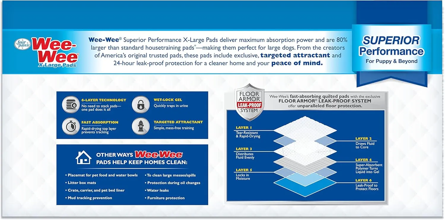 Four Paws Wee-Wee Superior Performance Pee Pads for Dogs with Runoff Barrier Edge Guard Protection, Puppy & Dog Potty Training Pads, Housebreaking Supplies, 28" x 34" (75 Count)