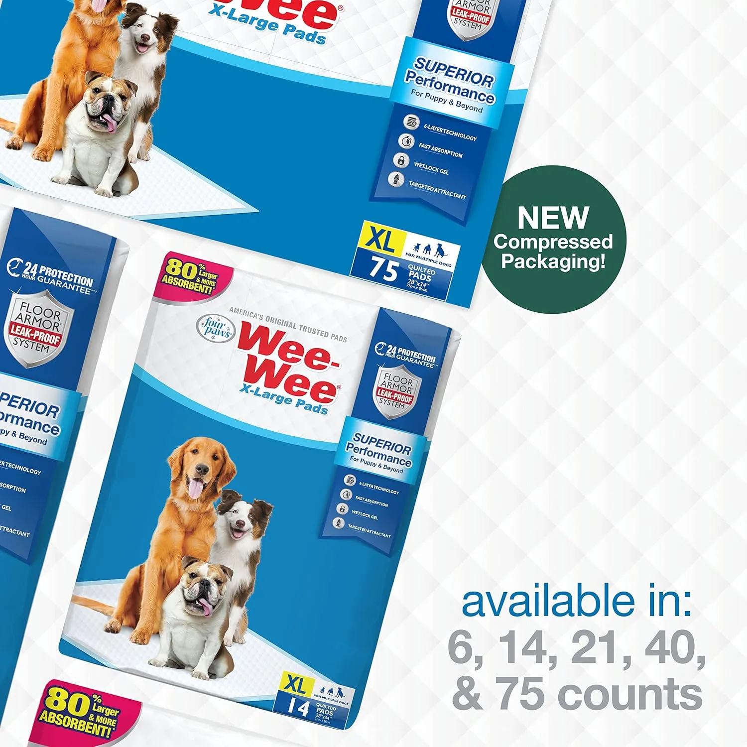 Four Paws Wee-Wee Superior Performance Pee Pads for Dogs with Runoff Barrier Edge Guard Protection, Puppy & Dog Potty Training Pads, Housebreaking Supplies, 28" x 34" (75 Count)