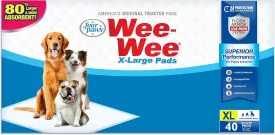 Four Paws Wee-Wee Superior Performance Pee Pads for Dogs with Runoff Barrier Edge Guard Protection, Puppy & Dog Potty Training Pads, Housebreaking Supplies, 28" x 34" (75 Count)
