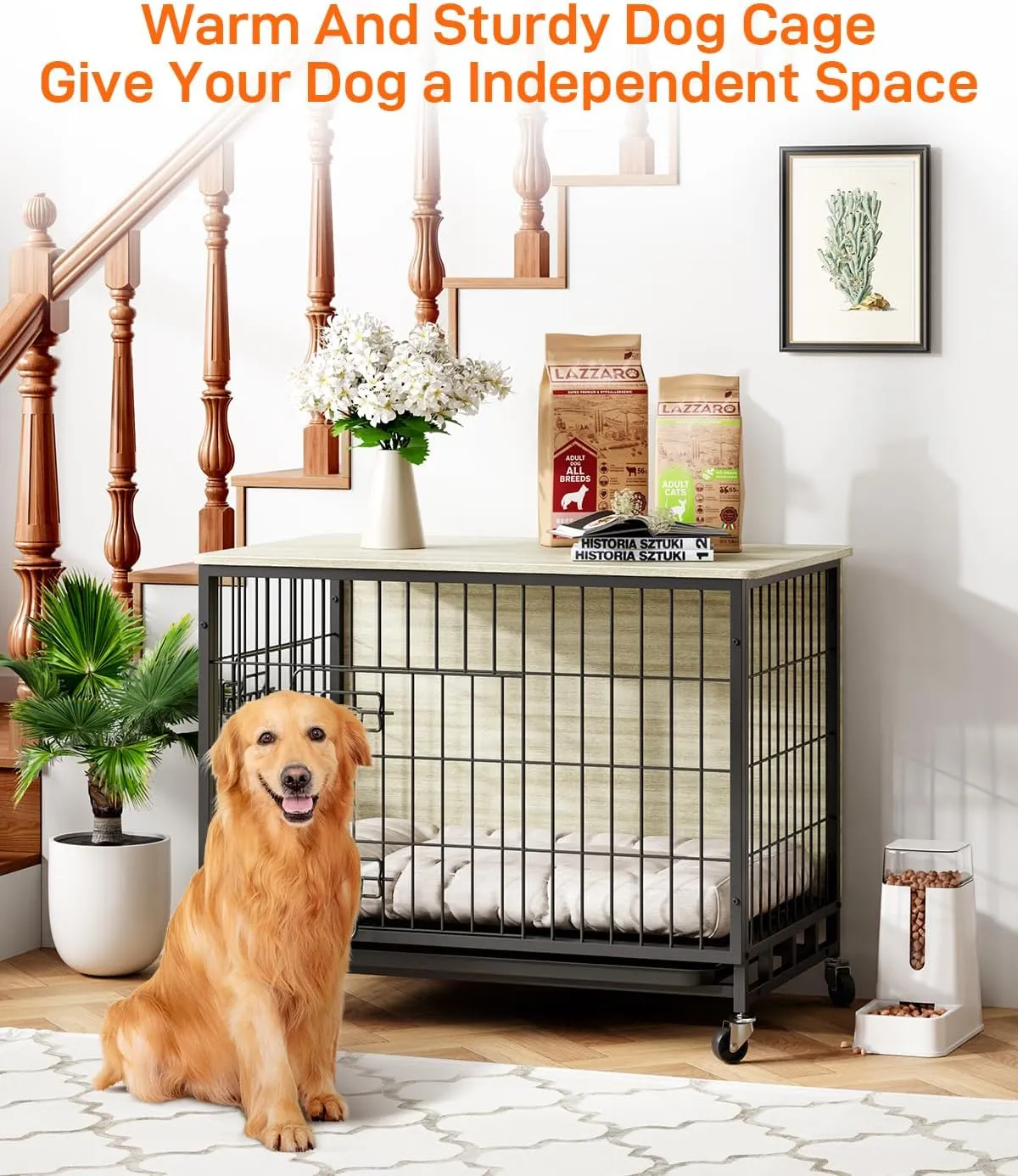 GAOMON 2024 New 32.5" Dog Crate Furniture, Heavy-Duty Wooden Dog Kennel with Removable Tray and Wheels, Double-Doors Dog Cage End Table, Indoor Dog House for Medium/Small Dogs, Rustic Gray